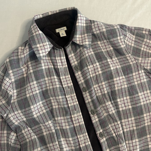 LL Bean Jacket Womens XS Grey Purple Plaid Sherpa Fleece Lined Flannel Shacket - Picture 1 of 8